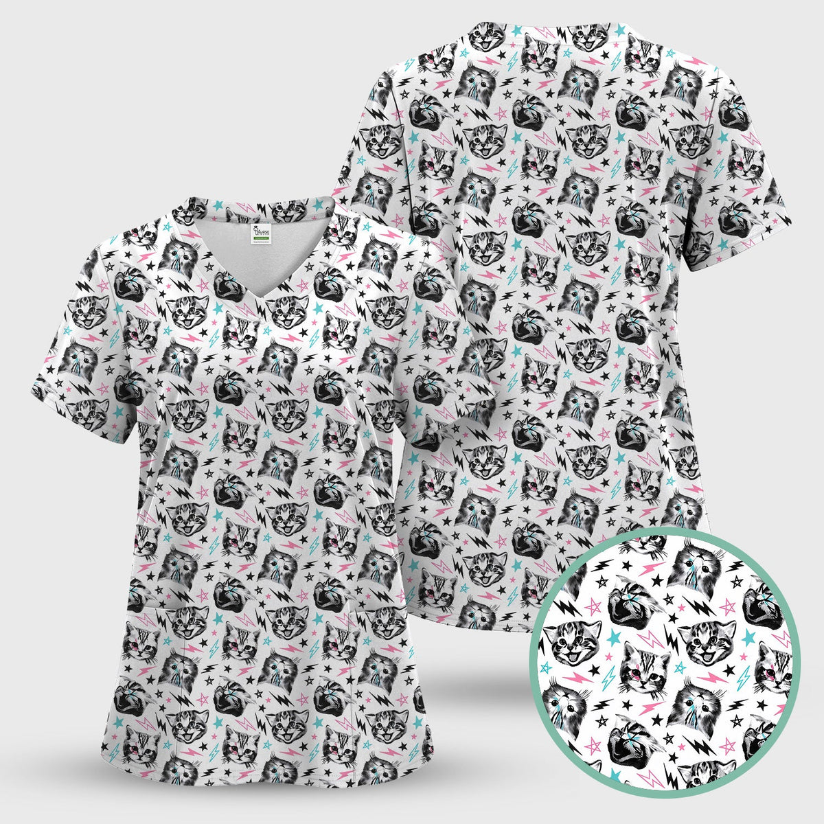Playful Cat Faces Lightning Pattern Scrub Top, Comfortable Scrubs for Nurses