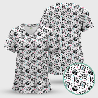 Playful Cat Faces Lightning Pattern Scrub Top, Comfortable Scrubs for Nurses