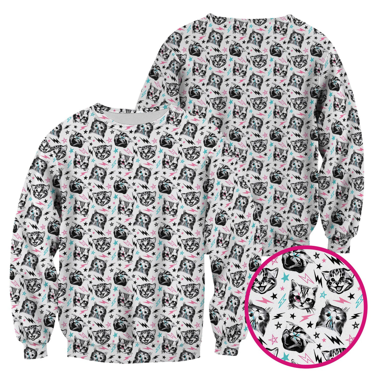 Playful Cat Faces Lightning Pattern Scrub Top, Comfortable Scrubs for Nurses