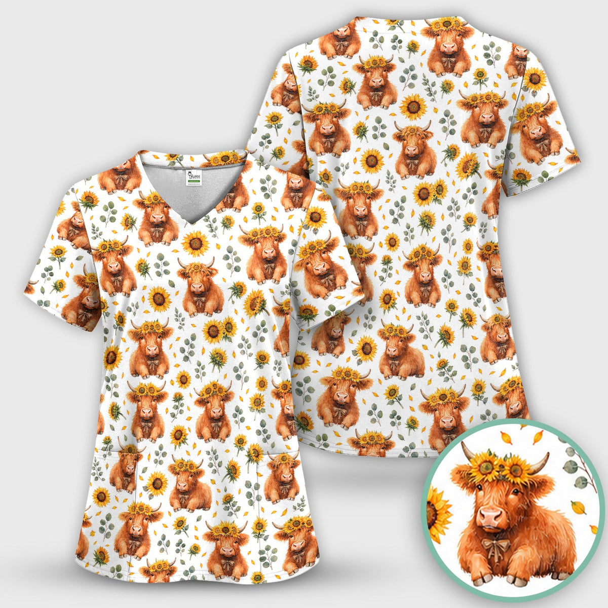 Rustic Highland Cow Floral Pattern Scrub Top, Comfortable Scrubs for Nurses
