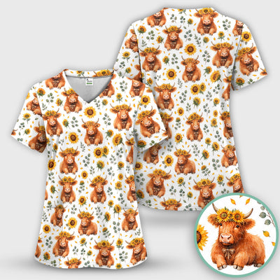 Rustic Highland Cow Floral Pattern Scrub Top, Comfortable Scrubs for Nurses
