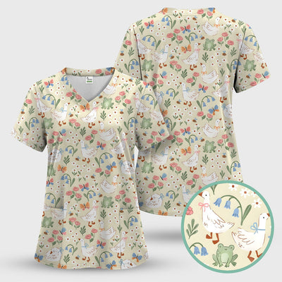 Cute Goose & Frog Garden Print Scrub Top, Comfortable Scrubs for Nurses