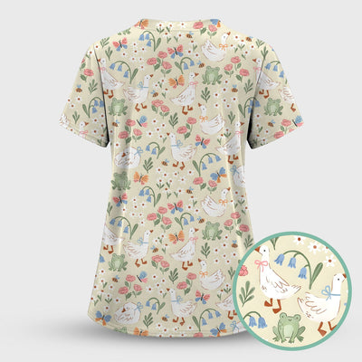 Cute Goose & Frog Garden Print Scrub Top, Comfortable Scrubs for Nurses
