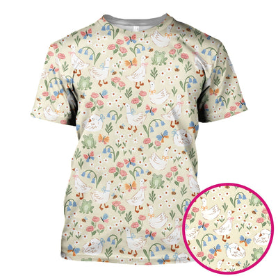 Cute Goose & Frog Garden Print Scrub Top, Comfortable Scrubs for Nurses