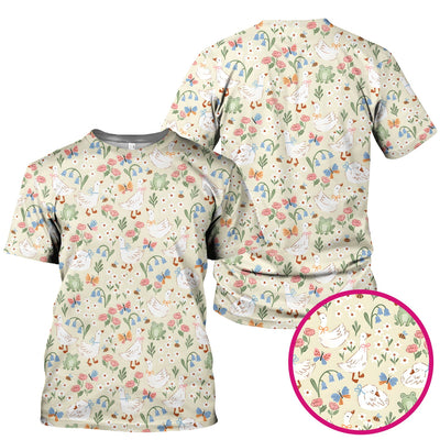Cute Goose & Frog Garden Print Scrub Top, Comfortable Scrubs for Nurses
