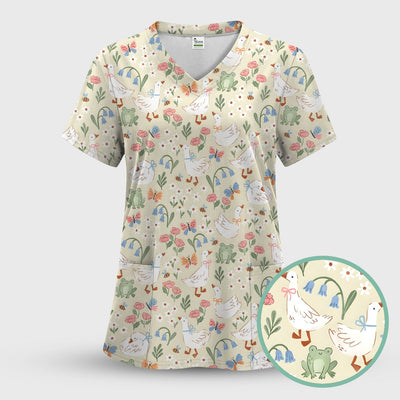 Cute Goose & Frog Garden Print Scrub Top, Comfortable Scrubs for Nurses