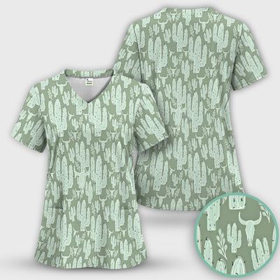 Funny Desert Cactus Skull Pattern Scrub Top, Comfortable Scrubs for Nurses
