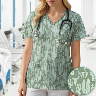 Funny Desert Cactus Skull Pattern Scrub Top, Comfortable Scrubs for Nurses