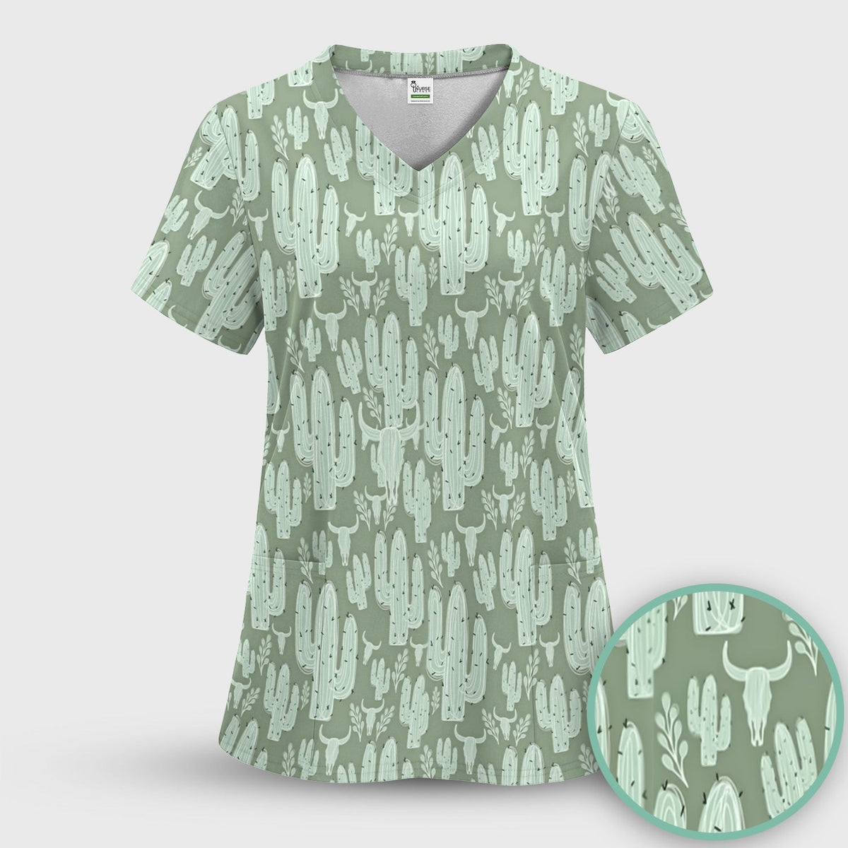 Funny Desert Cactus Skull Pattern Scrub Top, Comfortable Scrubs for Nurses