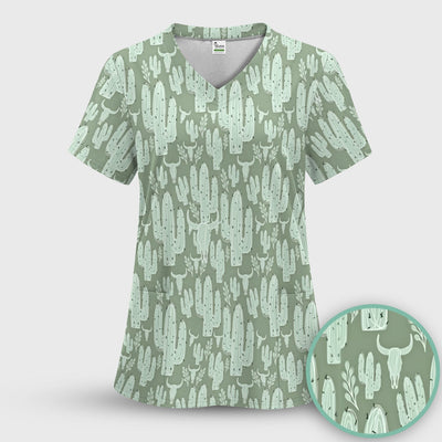 Funny Desert Cactus Skull Pattern Scrub Top, Comfortable Scrubs for Nurses