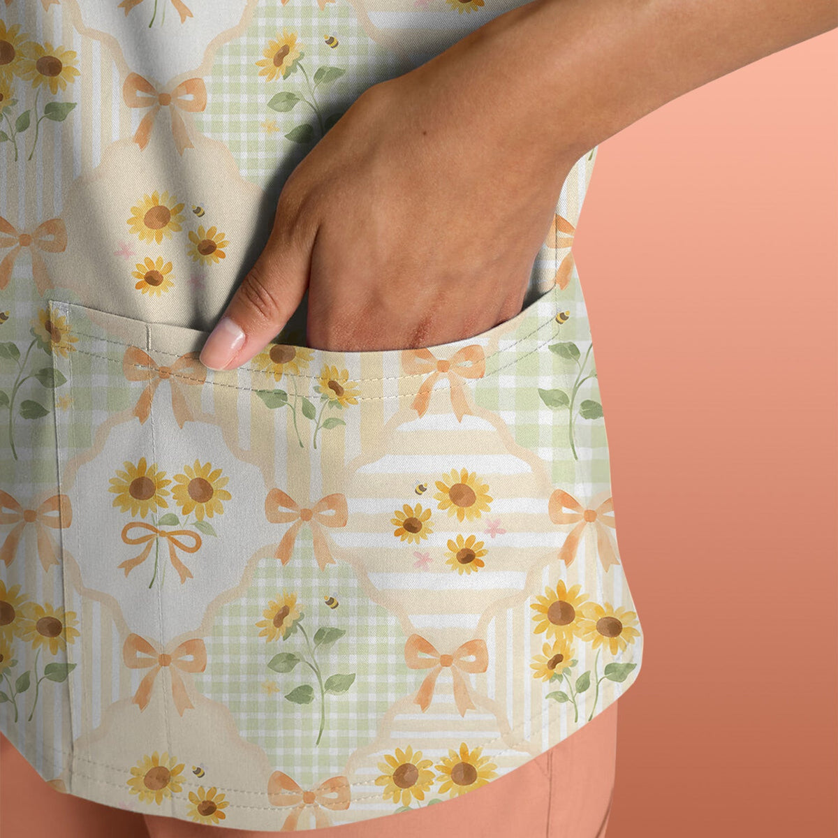 Cute Sunflower Ribbon Patchwork Pattern Scrub Top, Comfortable Scrubs for Nurses