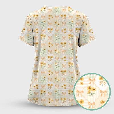 Cute Sunflower Ribbon Patchwork Pattern Scrub Top, Comfortable Scrubs for Nurses