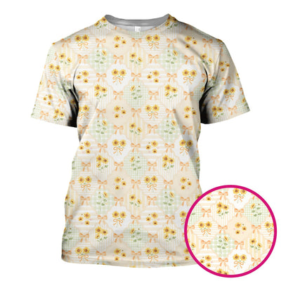Cute Sunflower Ribbon Patchwork Pattern Scrub Top, Comfortable Scrubs for Nurses