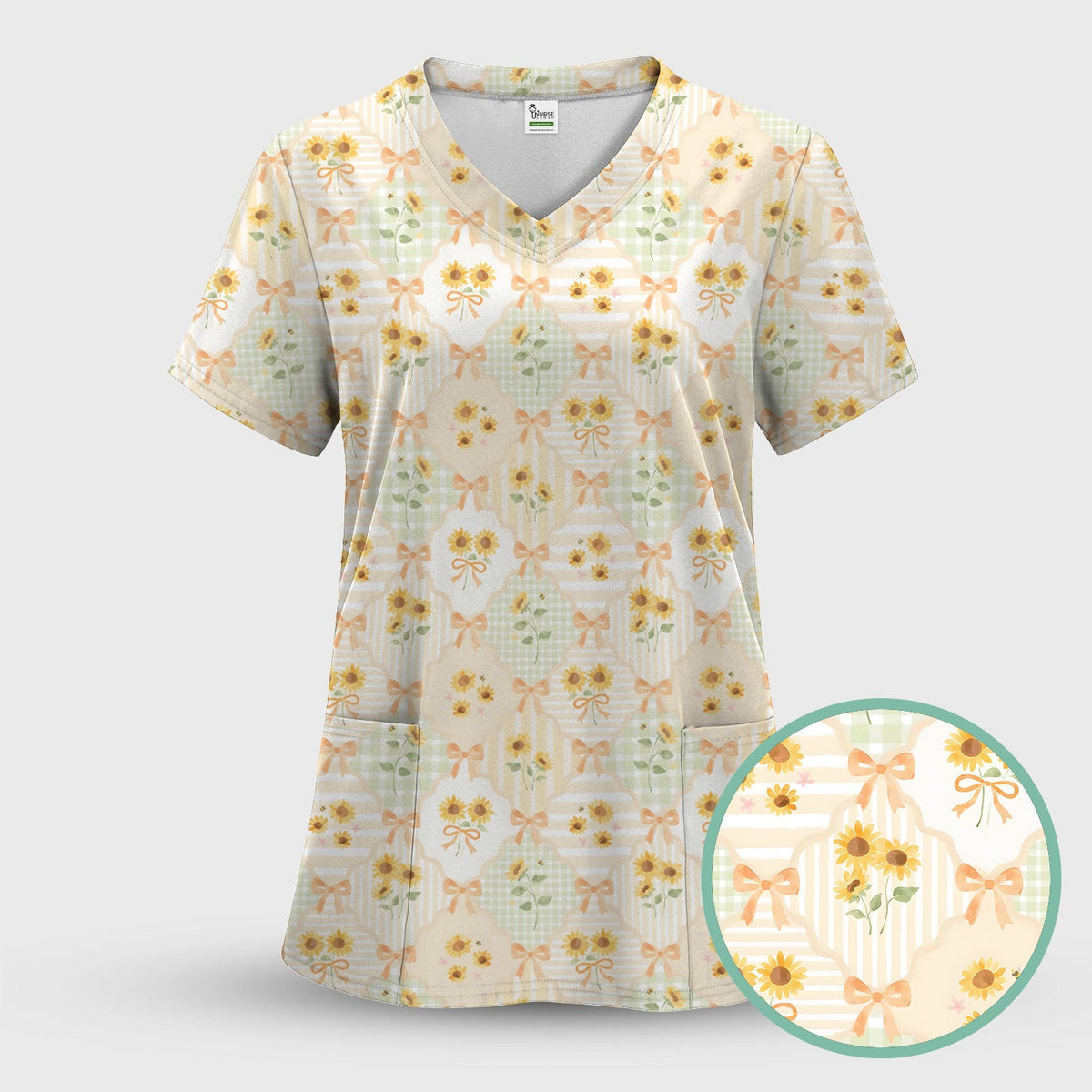 Cute Sunflower Ribbon Patchwork Pattern Scrub Top, Comfortable Scrubs for Nurses
