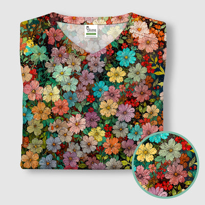 Colorful Wildflower Garden Bloom Pattern Scrub Top, Comfortable Scrubs for Nurses
