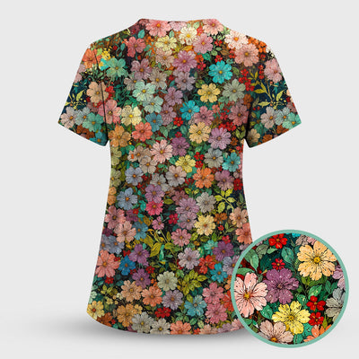 Colorful Wildflower Garden Bloom Pattern Scrub Top, Comfortable Scrubs for Nurses
