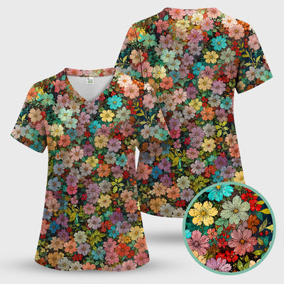 Colorful Wildflower Garden Bloom Pattern Scrub Top, Comfortable Scrubs for Nurses