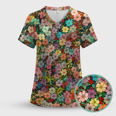 Colorful Wildflower Garden Bloom Pattern Scrub Top, Comfortable Scrubs for Nurses