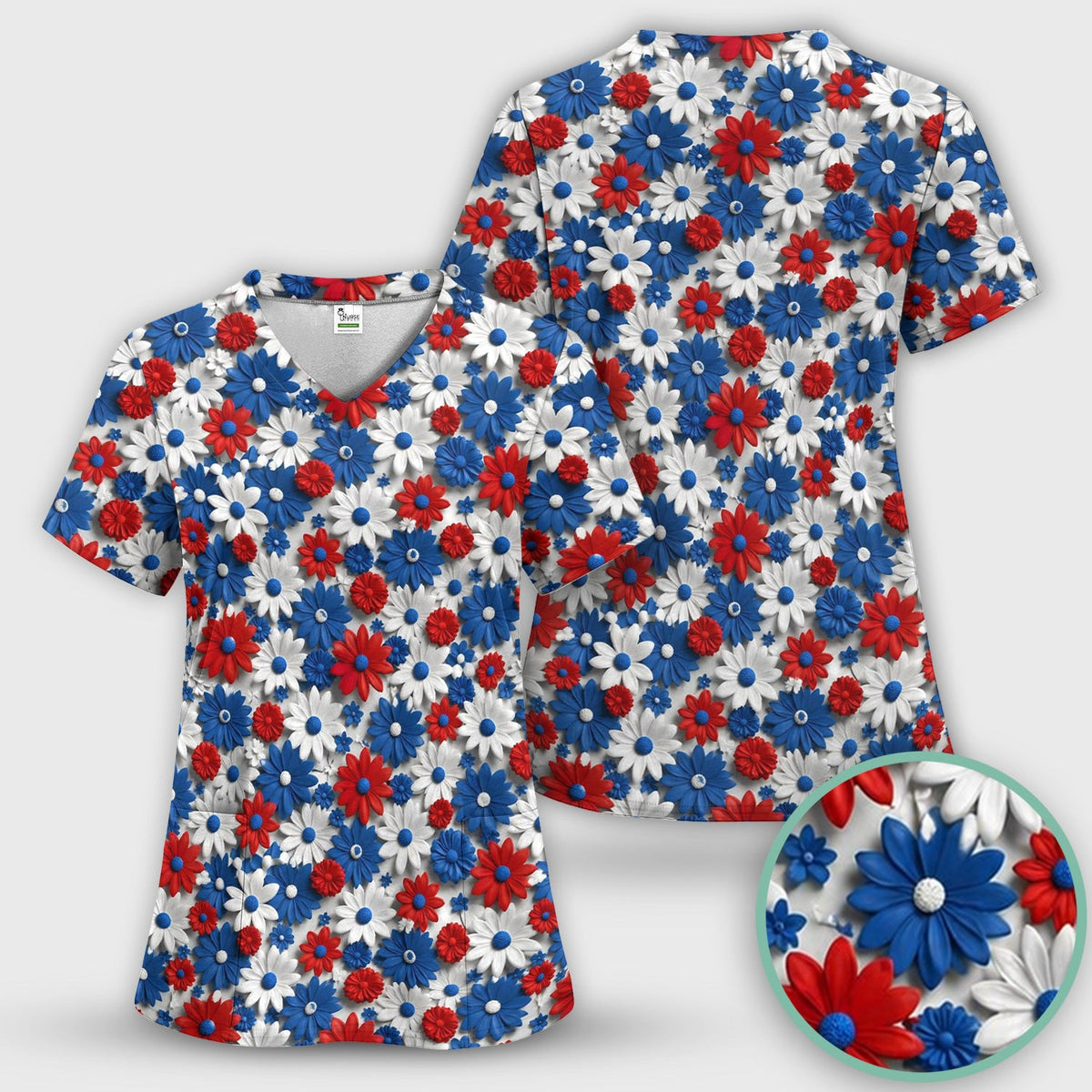 Patriotic Red Blue Daisy Floral Pattern Scrub Top, Comfortable Scrubs for Nurses