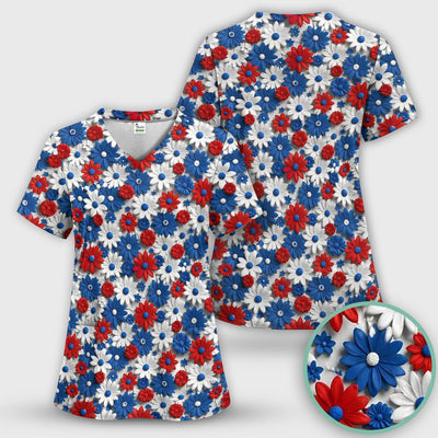 Patriotic Red Blue Daisy Floral Pattern Scrub Top, Comfortable Scrubs for Nurses