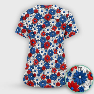 Patriotic Red Blue Daisy Floral Pattern Scrub Top, Comfortable Scrubs for Nurses