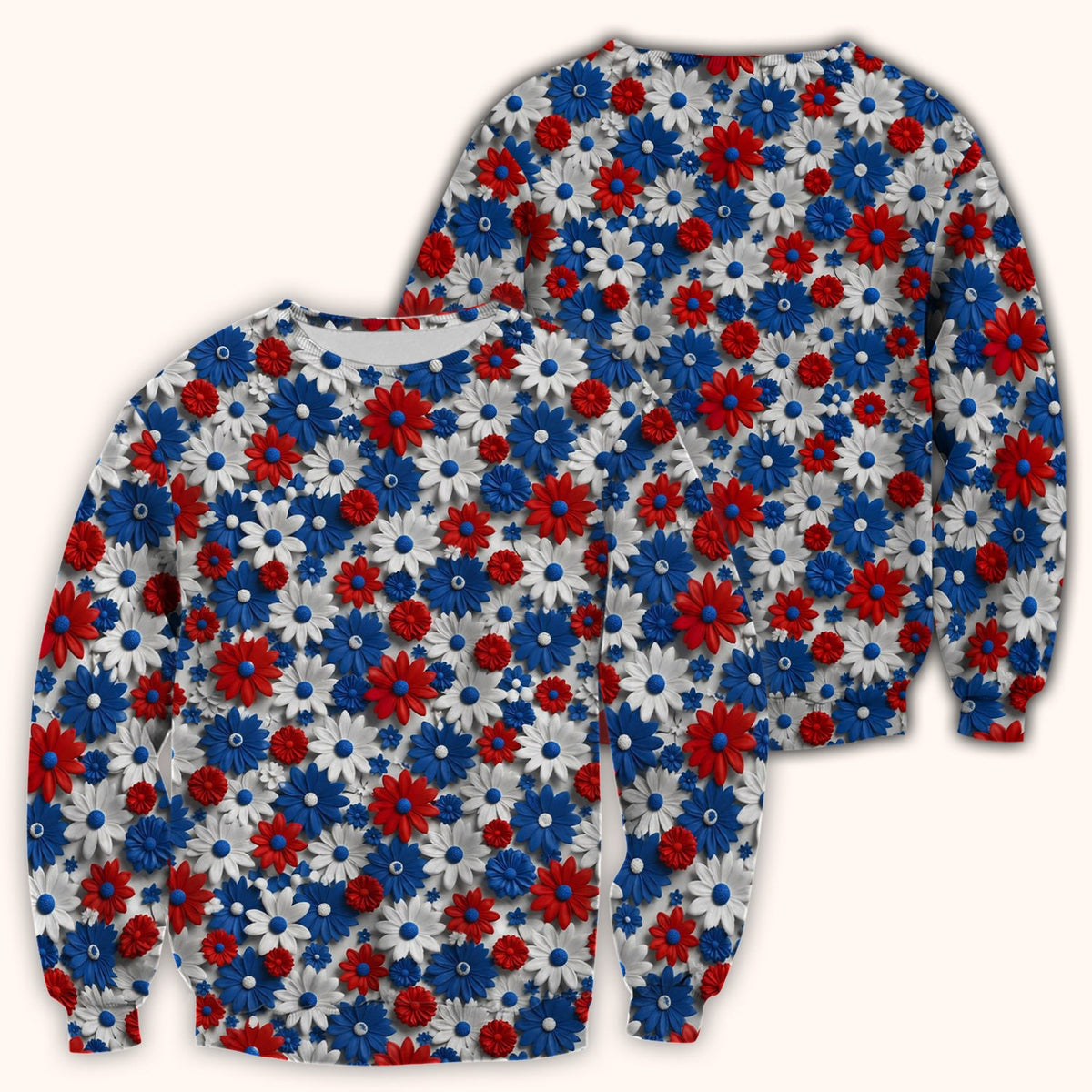 Patriotic Red Blue Daisy Floral Pattern Scrub Top, Comfortable Scrubs for Nurses