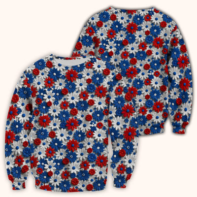 Patriotic Red Blue Daisy Floral Pattern Scrub Top, Comfortable Scrubs for Nurses
