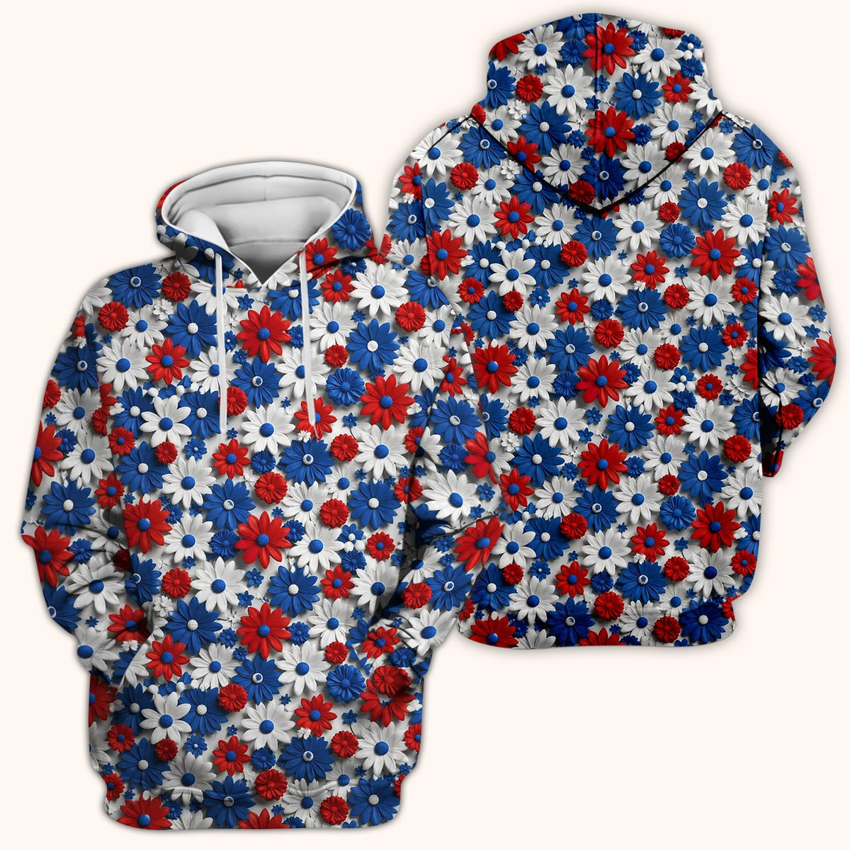 Patriotic Red Blue Daisy Floral Pattern Scrub Top, Comfortable Scrubs for Nurses