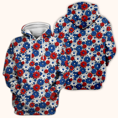 Patriotic Red Blue Daisy Floral Pattern Scrub Top, Comfortable Scrubs for Nurses