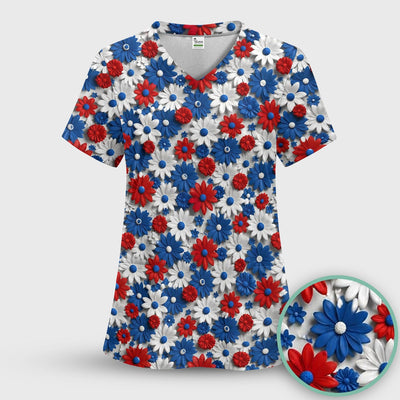 Patriotic Red Blue Daisy Floral Pattern Scrub Top, Comfortable Scrubs for Nurses