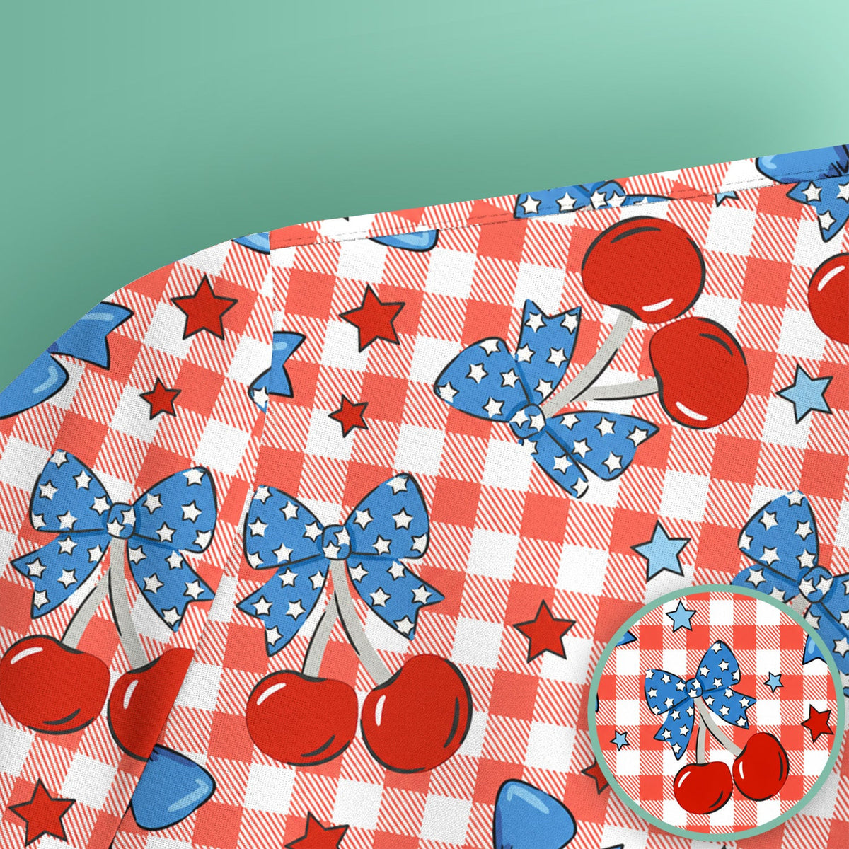 Cute Patriotic Cherry Bow Checkered Pattern Scrub Top, Comfortable Scrubs for Nurses