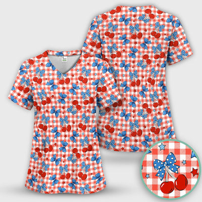 Cute Patriotic Cherry Bow Checkered Pattern Scrub Top, Comfortable Scrubs for Nurses
