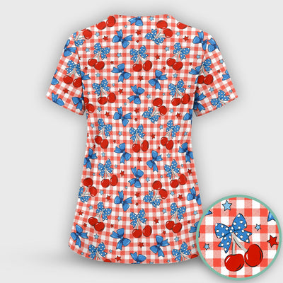 Cute Patriotic Cherry Bow Checkered Pattern Scrub Top, Comfortable Scrubs for Nurses