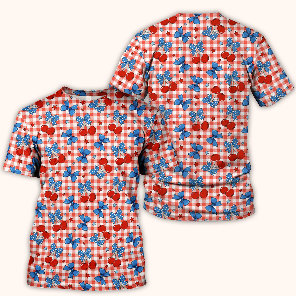 Cute Patriotic Cherry Bow Checkered Pattern Scrub Top, Comfortable Scrubs for Nurses