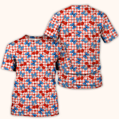 Cute Patriotic Cherry Bow Checkered Pattern Scrub Top, Comfortable Scrubs for Nurses