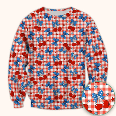 Cute Patriotic Cherry Bow Checkered Pattern Scrub Top, Comfortable Scrubs for Nurses