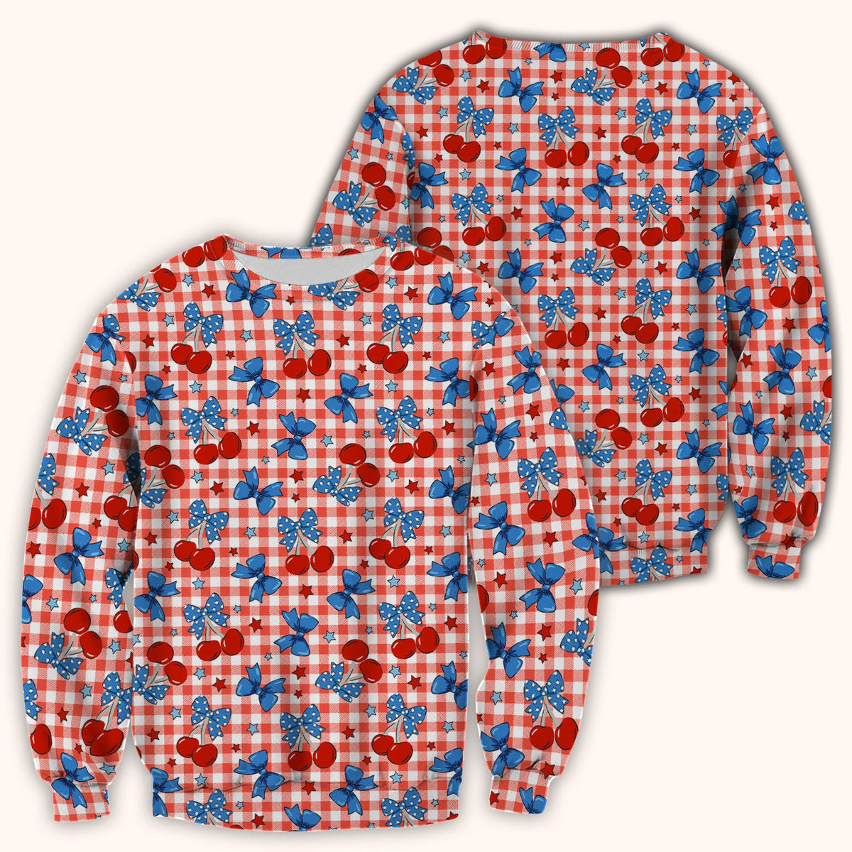 Cute Patriotic Cherry Bow Checkered Pattern Scrub Top, Comfortable Scrubs for Nurses