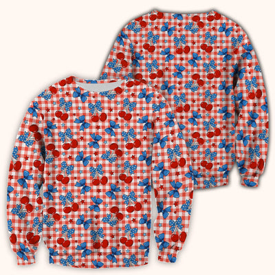 Cute Patriotic Cherry Bow Checkered Pattern Scrub Top, Comfortable Scrubs for Nurses