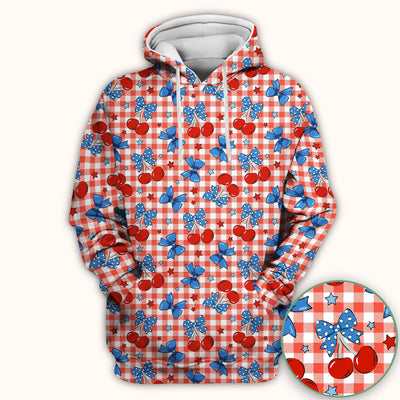Cute Patriotic Cherry Bow Checkered Pattern Scrub Top, Comfortable Scrubs for Nurses