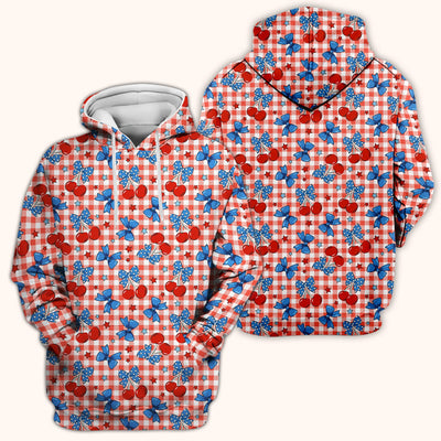 Cute Patriotic Cherry Bow Checkered Pattern Scrub Top, Comfortable Scrubs for Nurses
