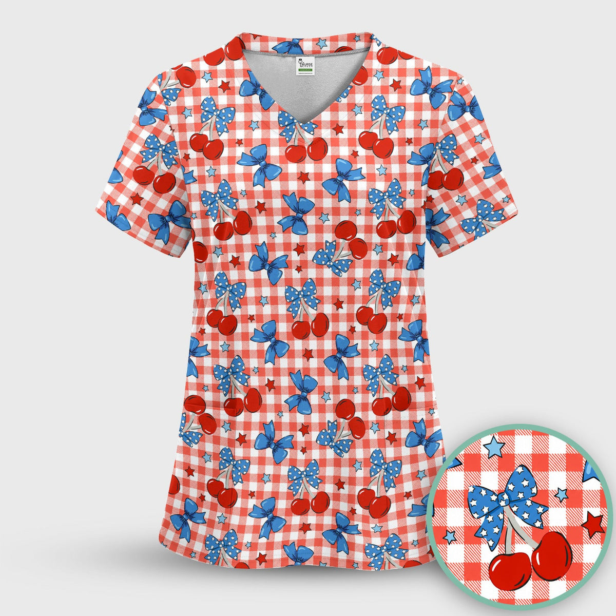 Cute Patriotic Cherry Bow Checkered Pattern Scrub Top, Comfortable Scrubs for Nurses