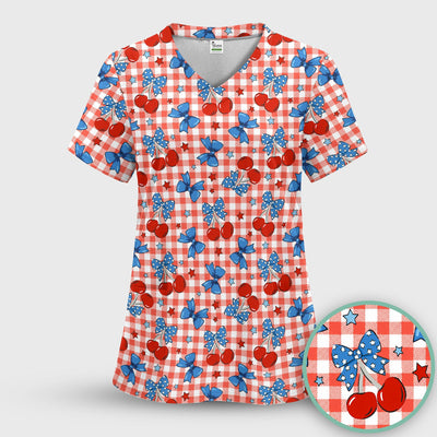 Cute Patriotic Cherry Bow Checkered Pattern Scrub Top, Comfortable Scrubs for Nurses