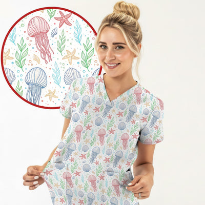 Cute Jellyfish Ocean World Pattern Scrub Top, Comfortable Scrubs for Nurses