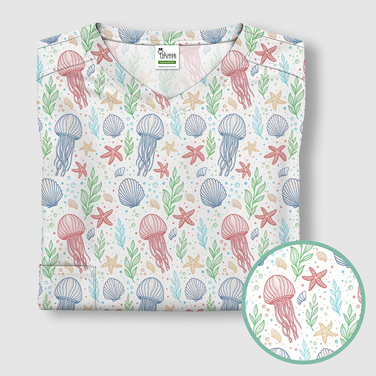 Cute Jellyfish Ocean World Pattern Scrub Top, Comfortable Scrubs for Nurses