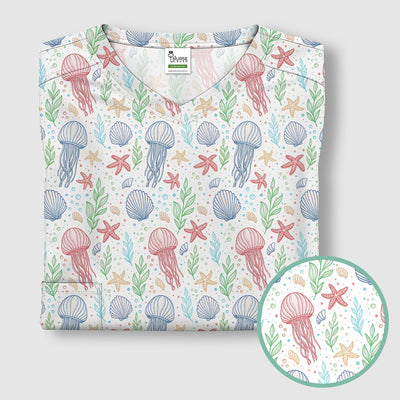 Cute Jellyfish Ocean World Pattern Scrub Top, Comfortable Scrubs for Nurses