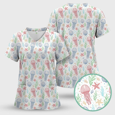 Cute Jellyfish Ocean World Pattern Scrub Top, Comfortable Scrubs for Nurses