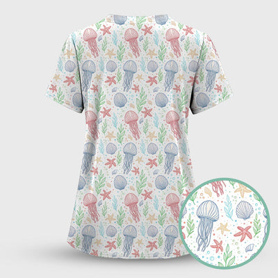 Cute Jellyfish Ocean World Pattern Scrub Top, Comfortable Scrubs for Nurses