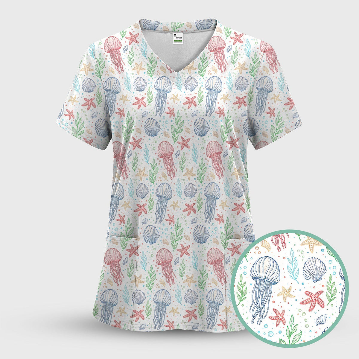 Cute Jellyfish Ocean World Pattern Scrub Top, Comfortable Scrubs for Nurses