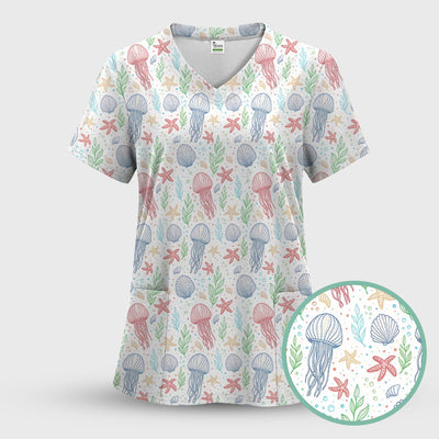 Cute Jellyfish Ocean World Pattern Scrub Top, Comfortable Scrubs for Nurses