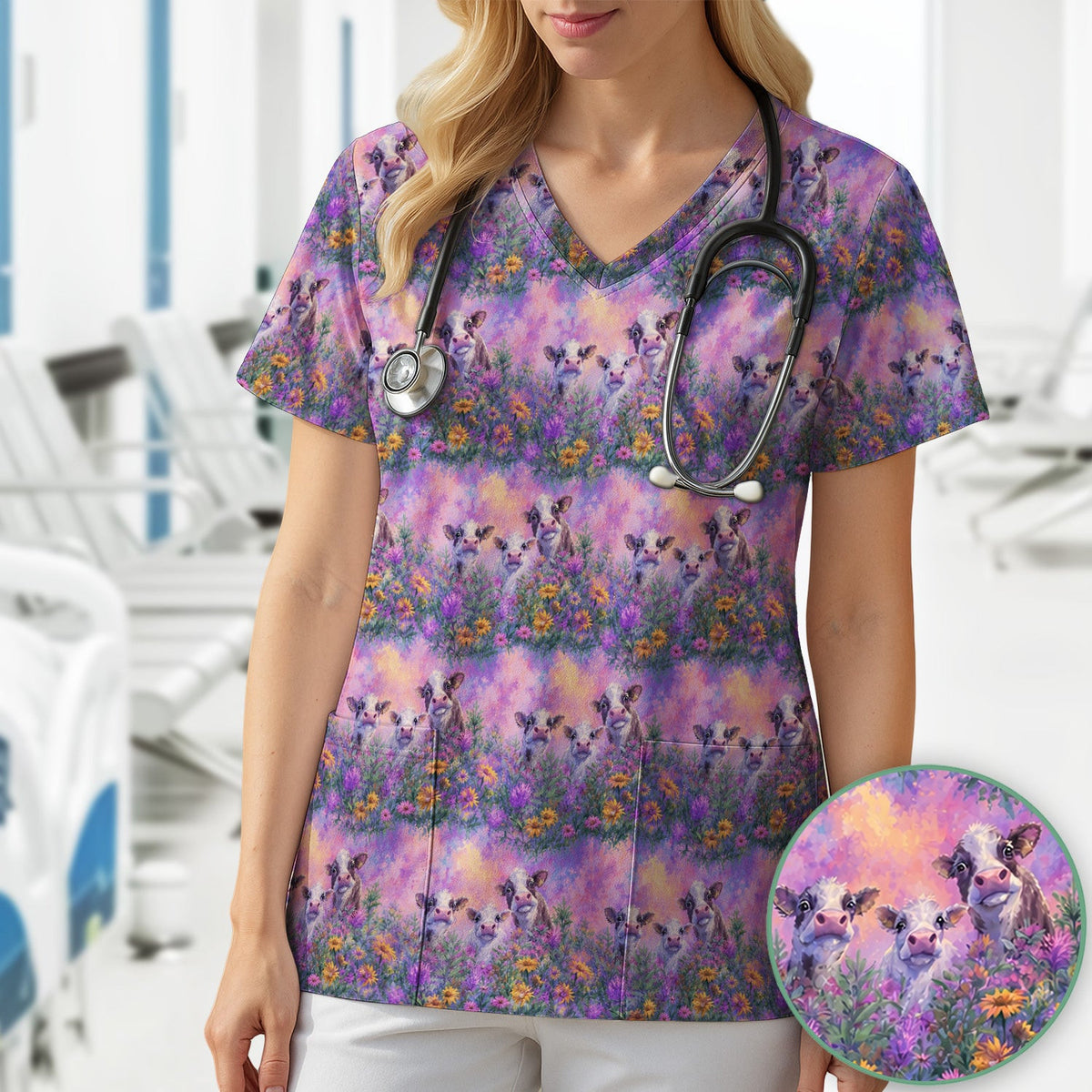 Pastel Cow Meadow Flower Pattern Scrub Top, Comfortable Scrubs for Nurses